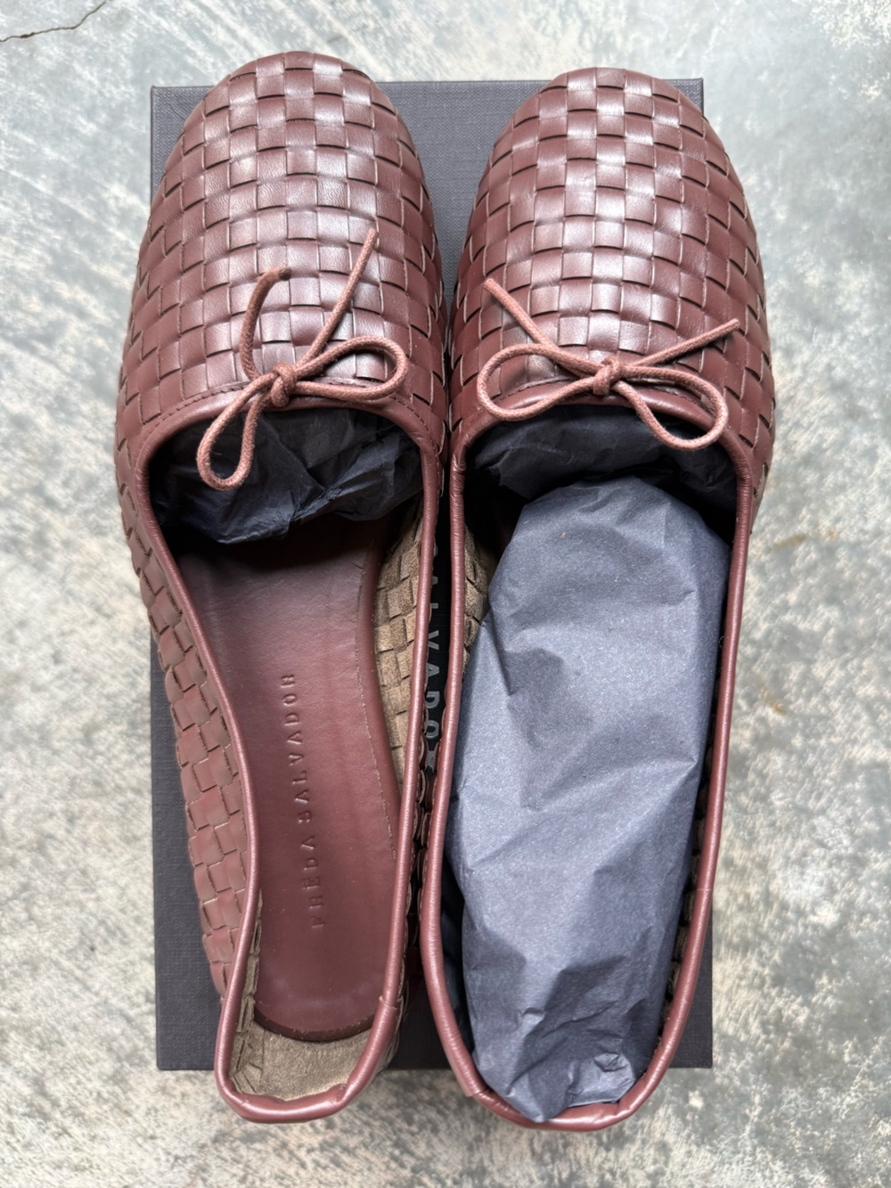 Freda Salvator Stellah Woven Leather Flats in Chestnut Brown with Bow Accent